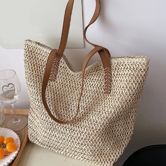 Boho Vegan Leather Strap Minimalist Straw Tote Bag - Picture 2 of 14